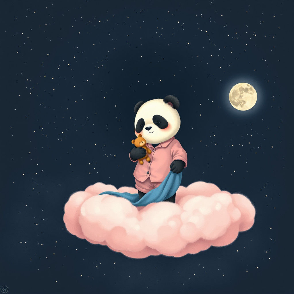 Panda on Pink Cloud in Starry Sky, Whimsical Art