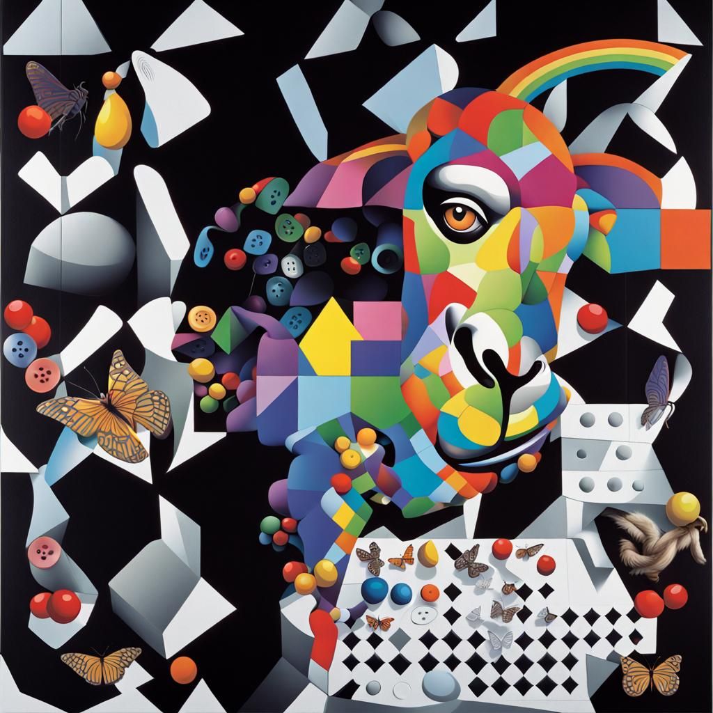 Surreal Jigsaw Puzzle with Monkey and Rainbow Buttons