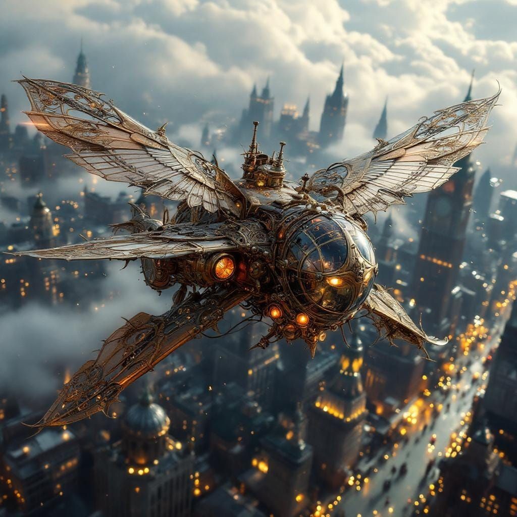 Steampunk Ornithopter Soaring Over Cityscape