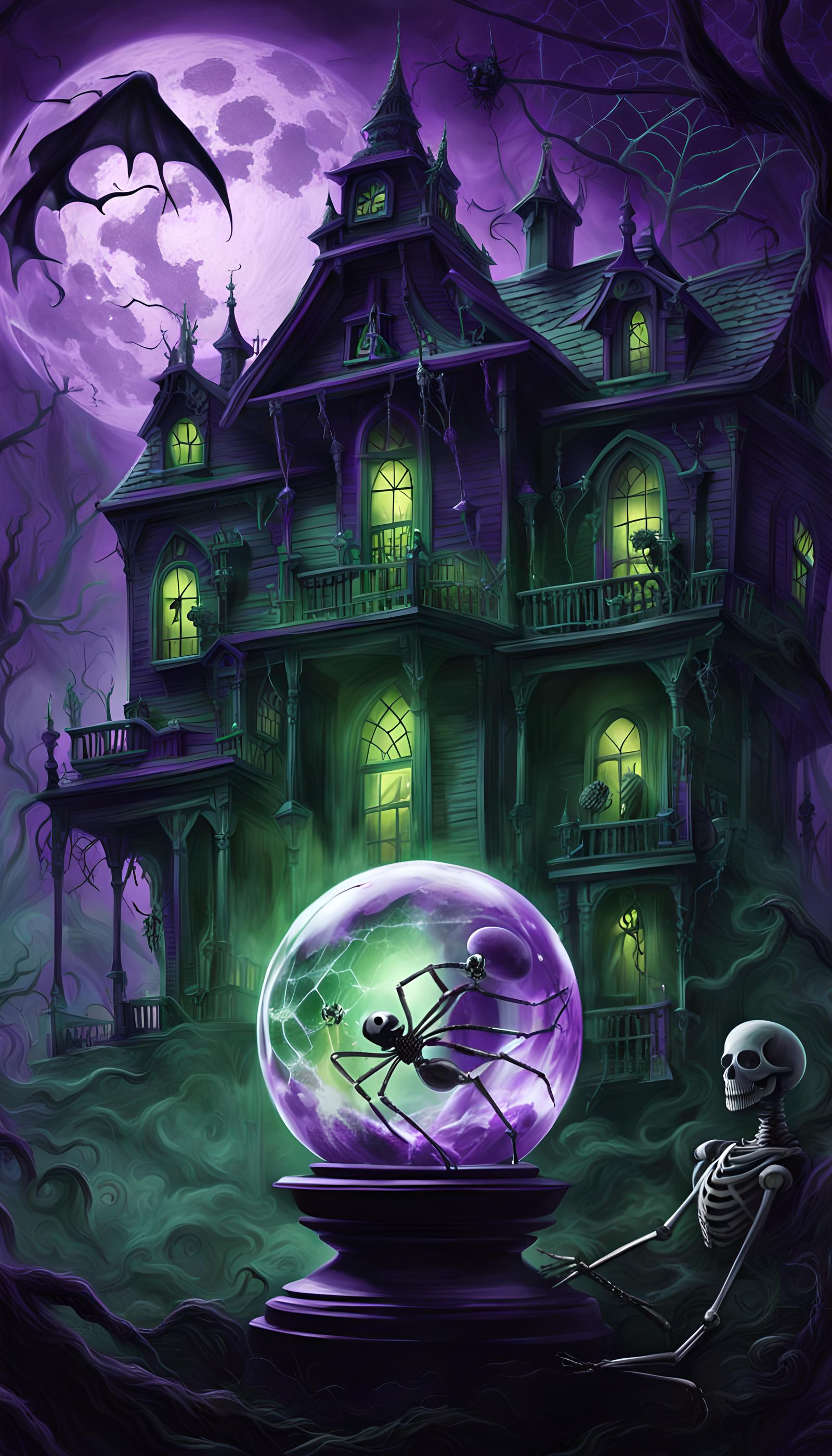 Skeleton with Haunted House Globe