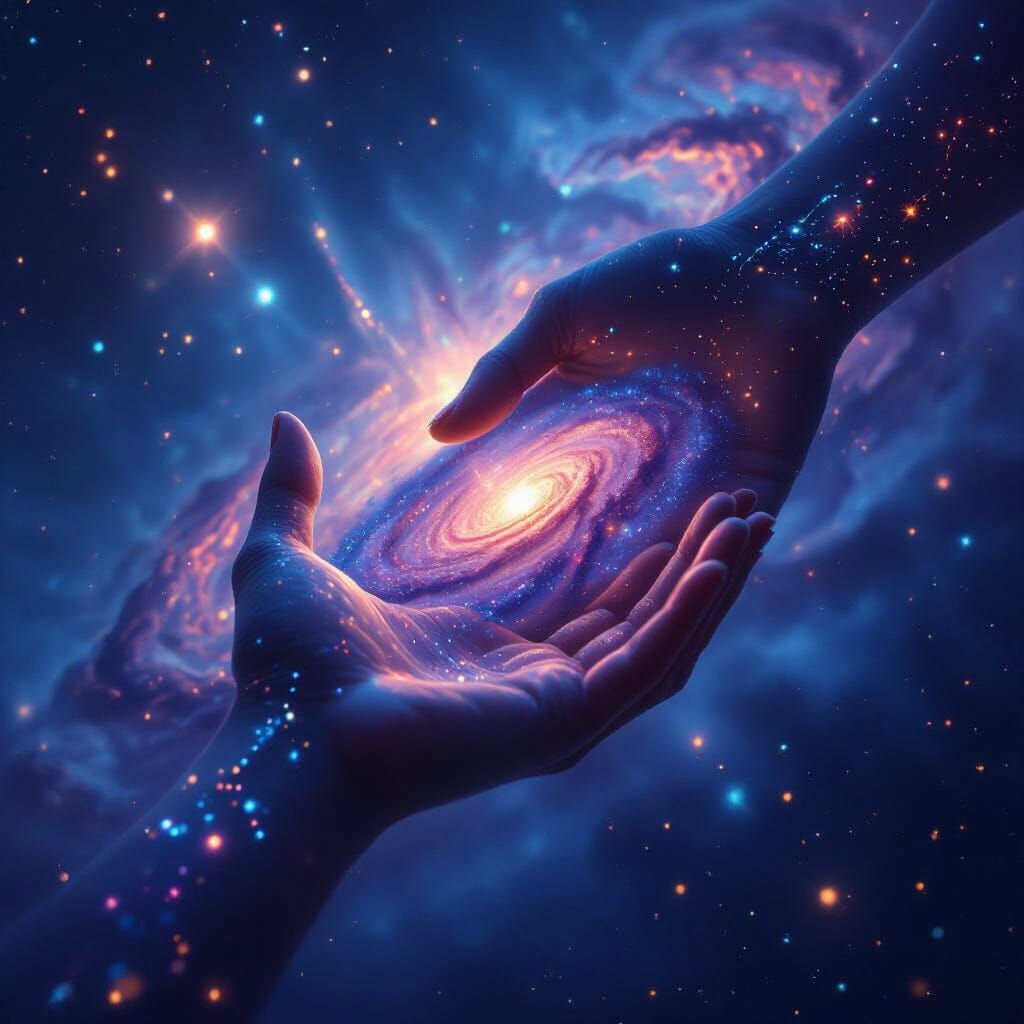 Cosmic Hand Grasps Galaxy in Ethereal Celestial Vista