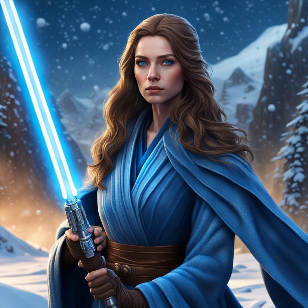 Female Jedi with Blue Lightsaber on Snowy Planet