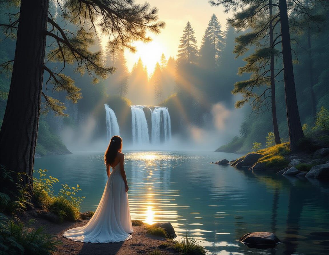 Mystical Forest Sunrise with Woman, Ethereal Style