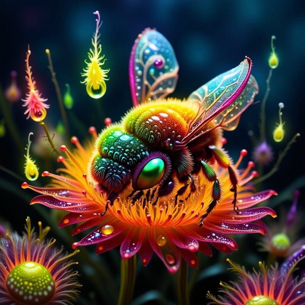 Cartoon Bee Sleeping in Starry Fractal Galaxy