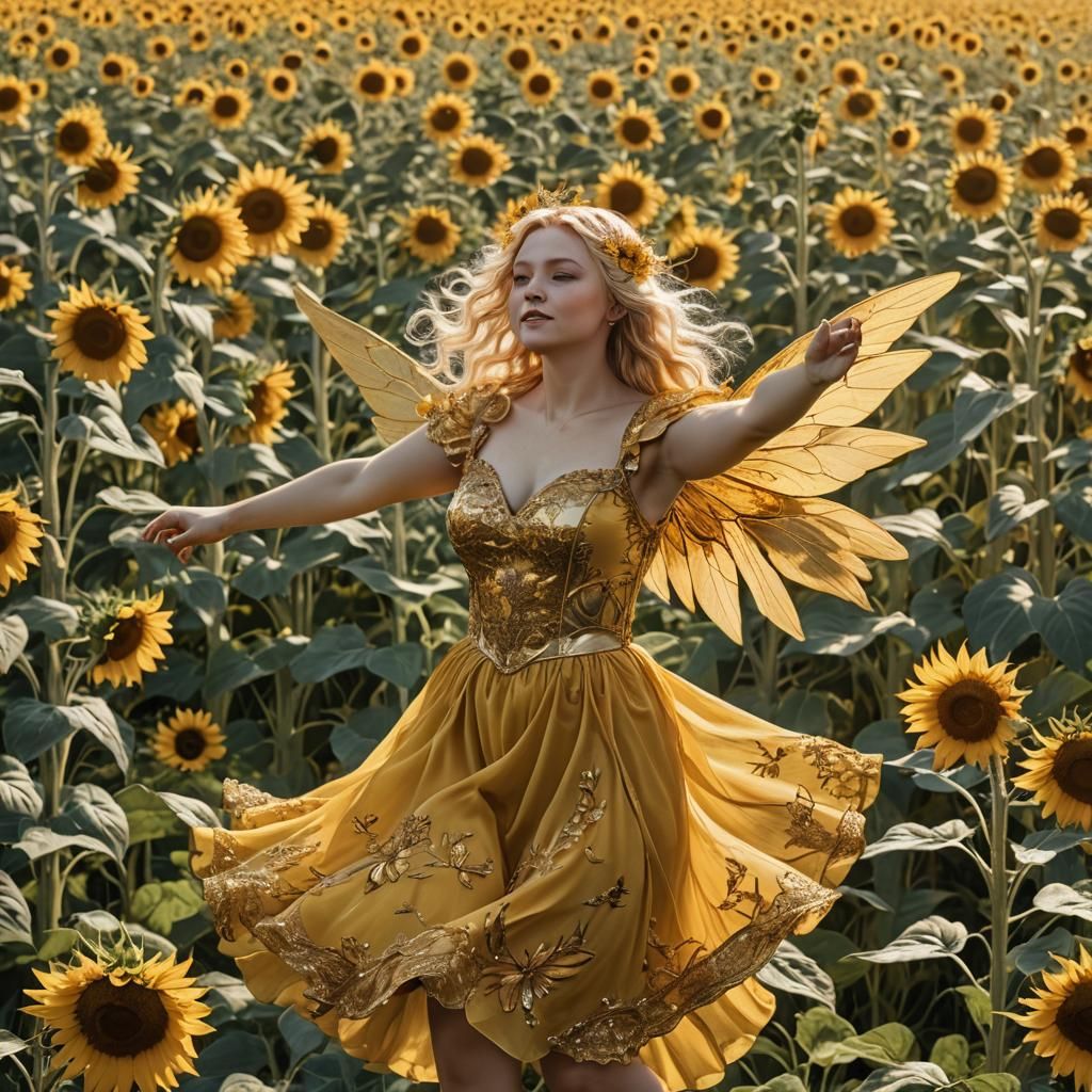 Blond Fairy Dancing in Sunflower Field