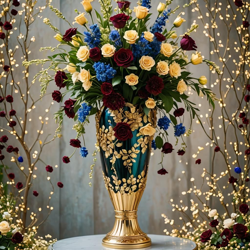 Luxurious Gold Vase with Burgundy, Green, and Blue Flowers
