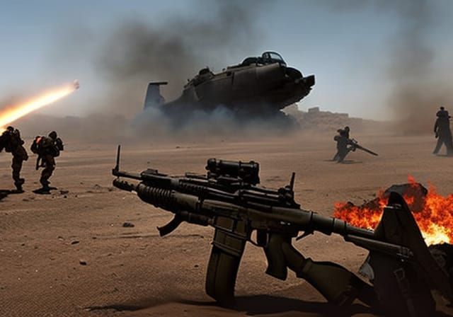 Military Squadron Amidst Desert Village Ruins