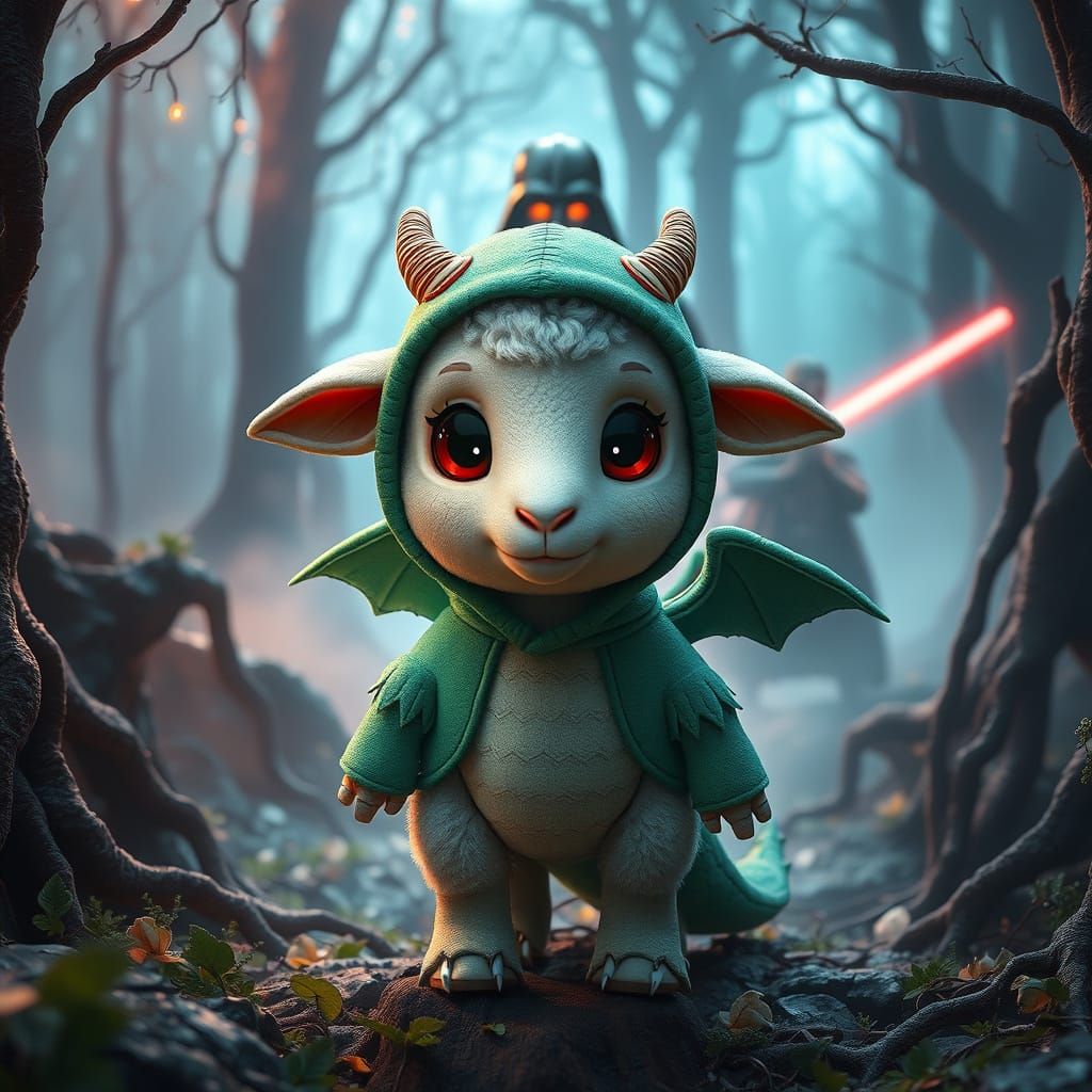 Surreal Forest Scene: Cute Sheep Meets Sinister Wolf and Dar...