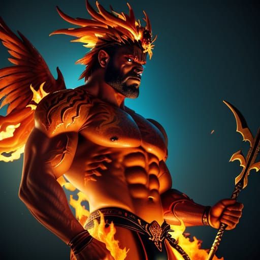 Majestic Fiery Tribal Man with Trident, a Digital Painting