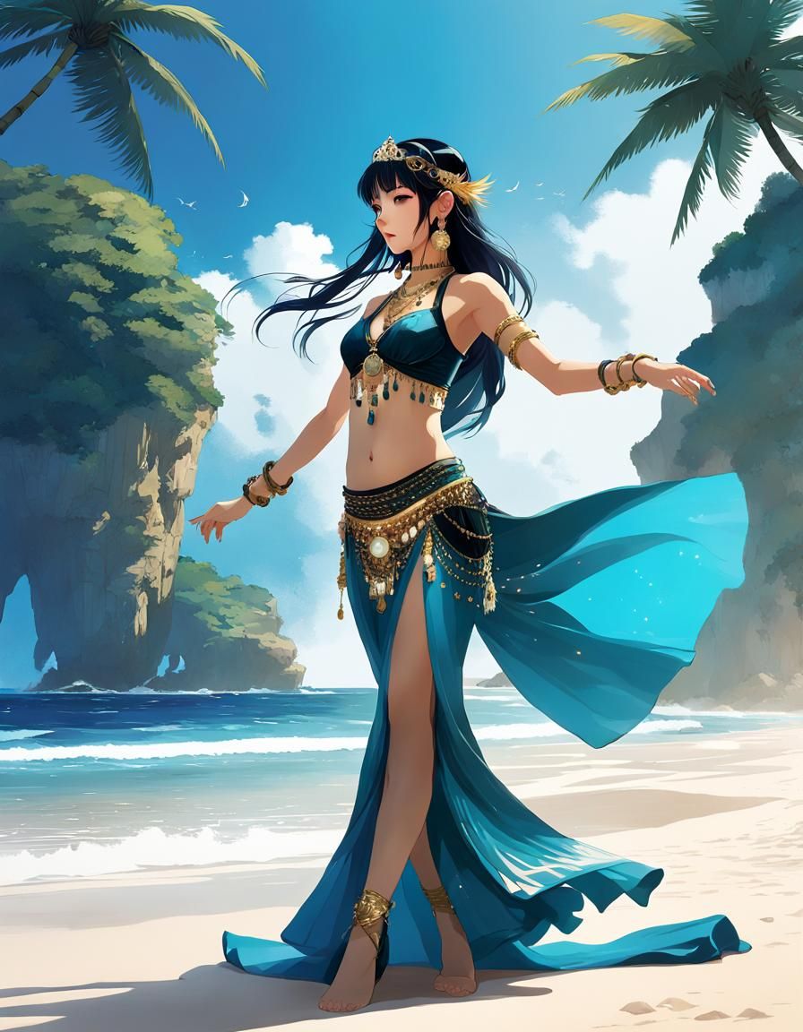 Aetherpunk Belly Dancer on Enchanted Beach in Anime Style