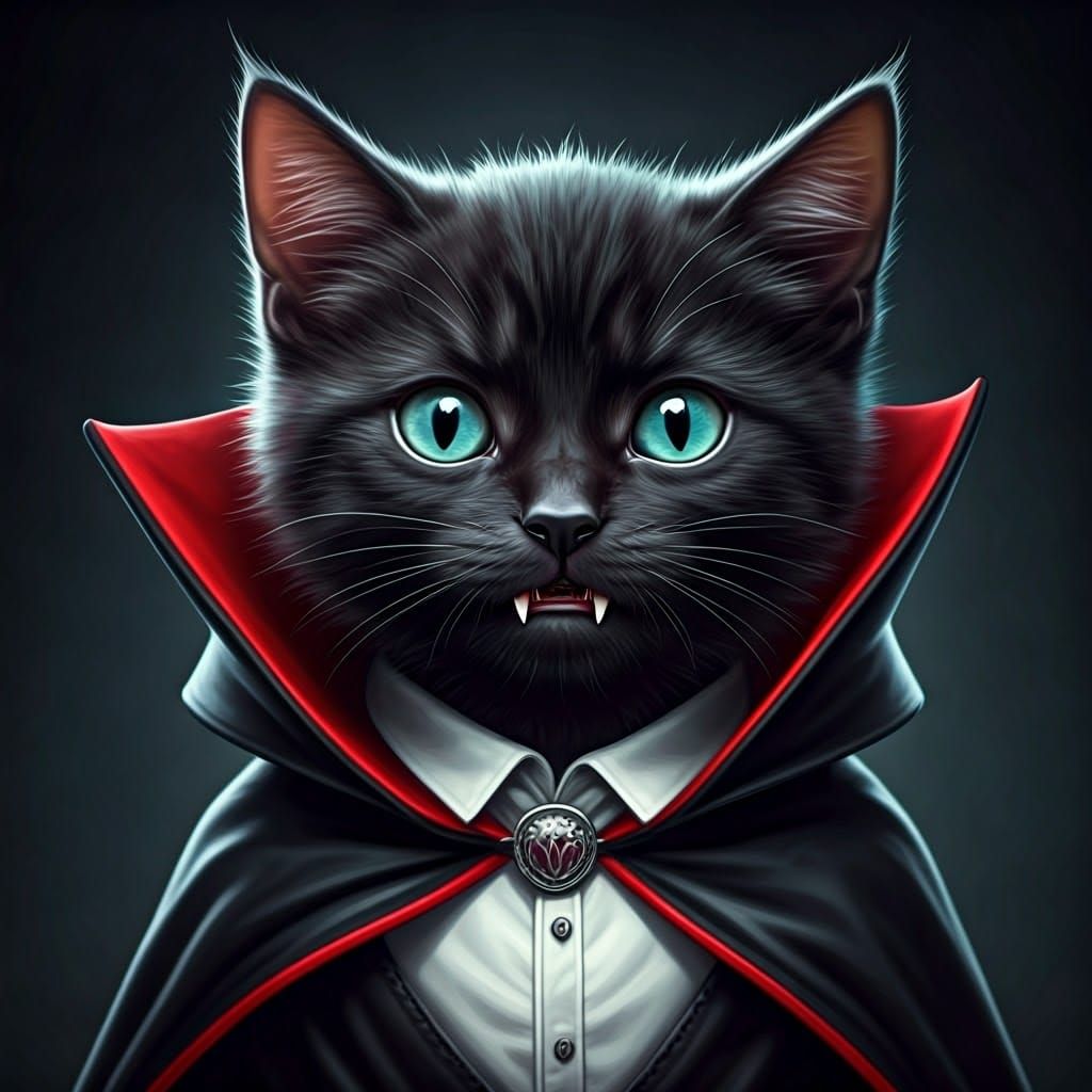 Adorable Vampire Kitten in Dracula Cape, Fantasy Art