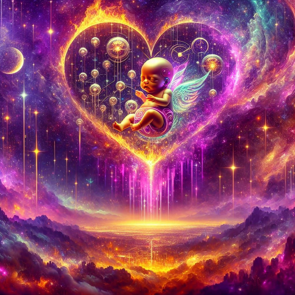 Cosmic Graffiti Art: Chibi Neonate in Glass Heart