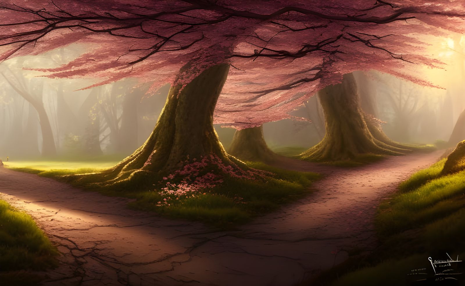 Detailed Cherry Blossom Forest Landscape at Sunrise