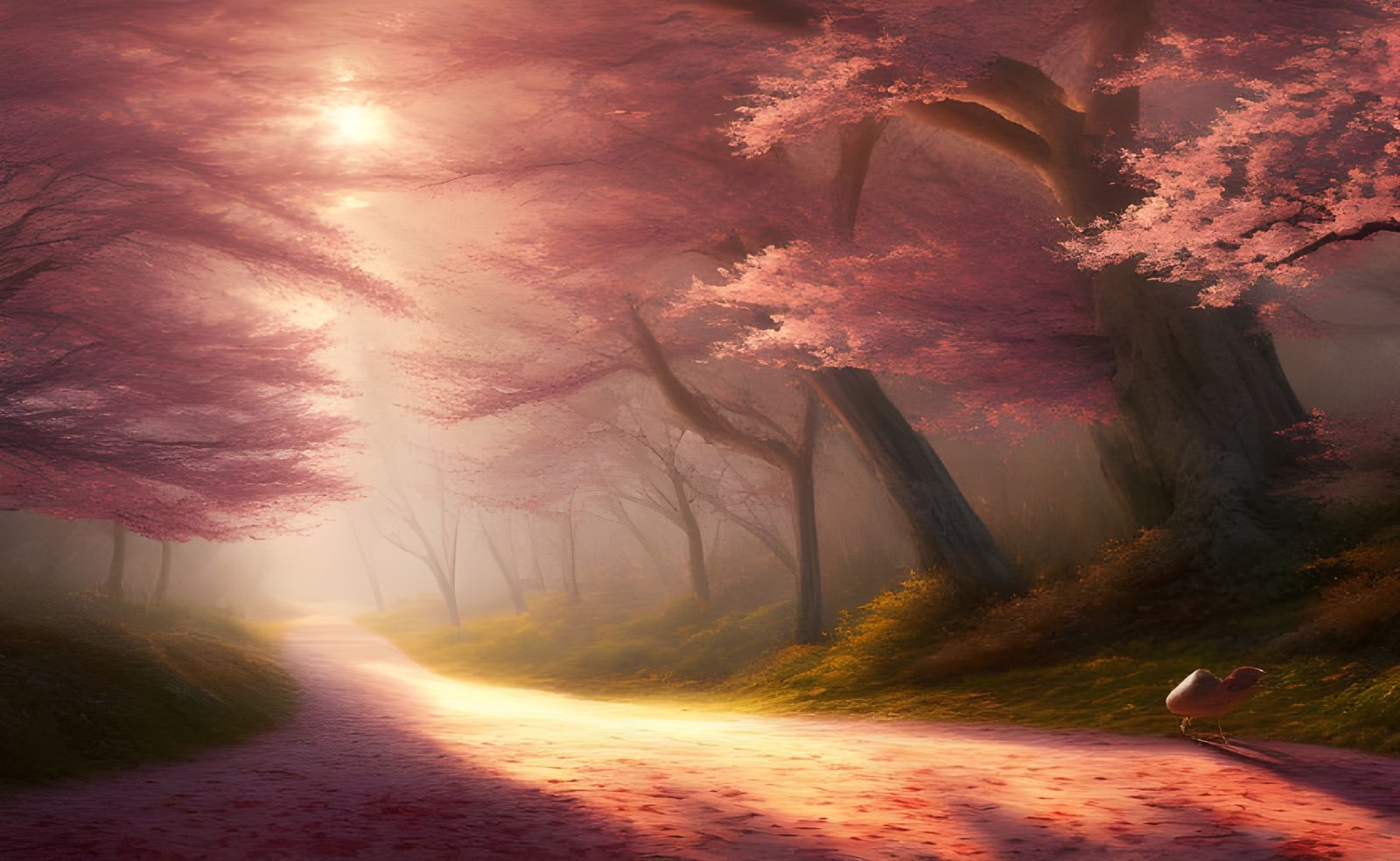 Hyper-Realistic Cherry Blossom Forest Landscape at Sunrise