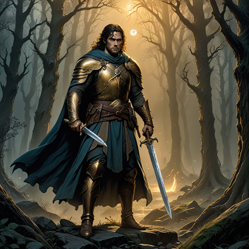 Epic Fantasy Lord of the Rings Hero Stands Ready in Moonlit...