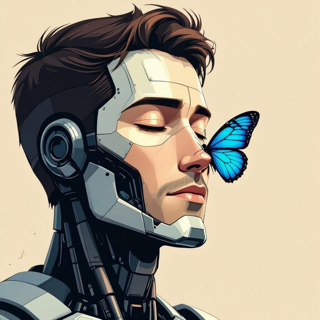 Peaceful Robot with Butterfly, Earthy Tones