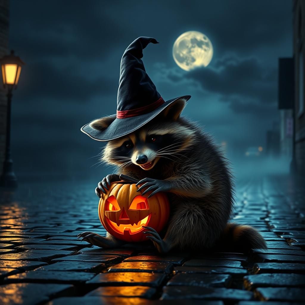 Raccoon Witch Carving Jack-o-Lantern at Dusk: Hyperrealistic...