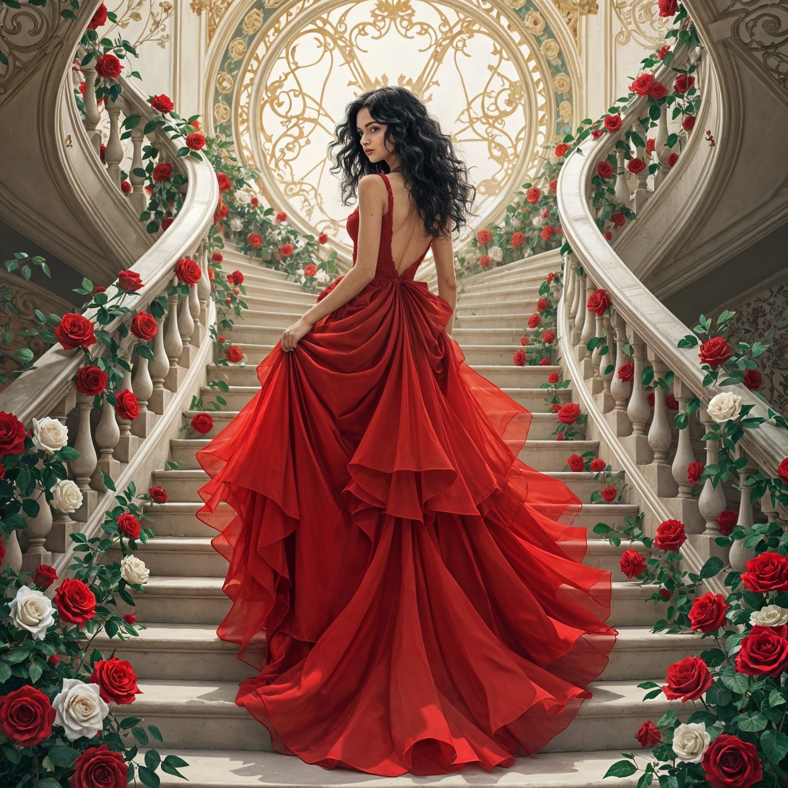 Girl in Red Dress Surrounded by Roses