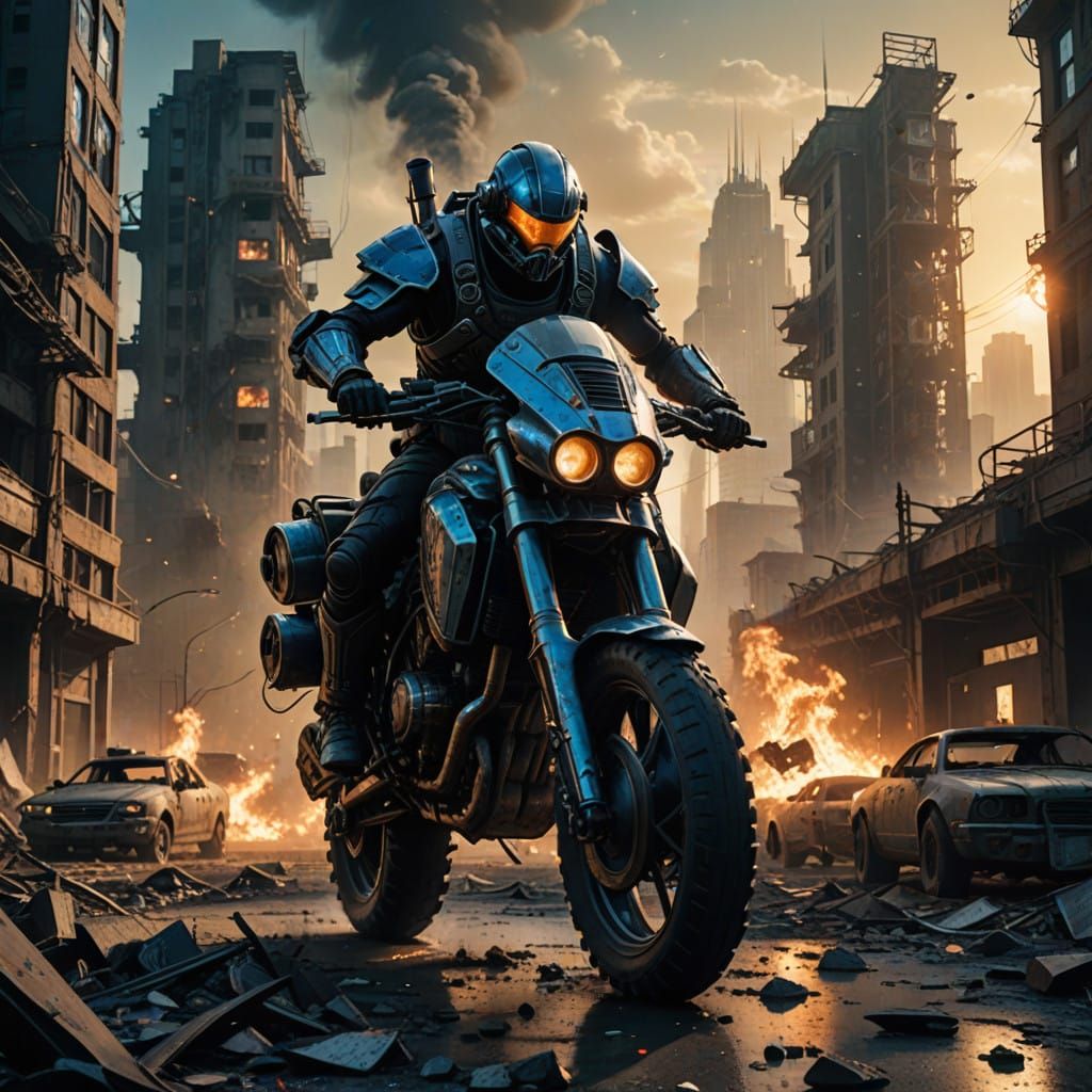 Cyberpunk Warbike in Post-Apocalyptic Ruins