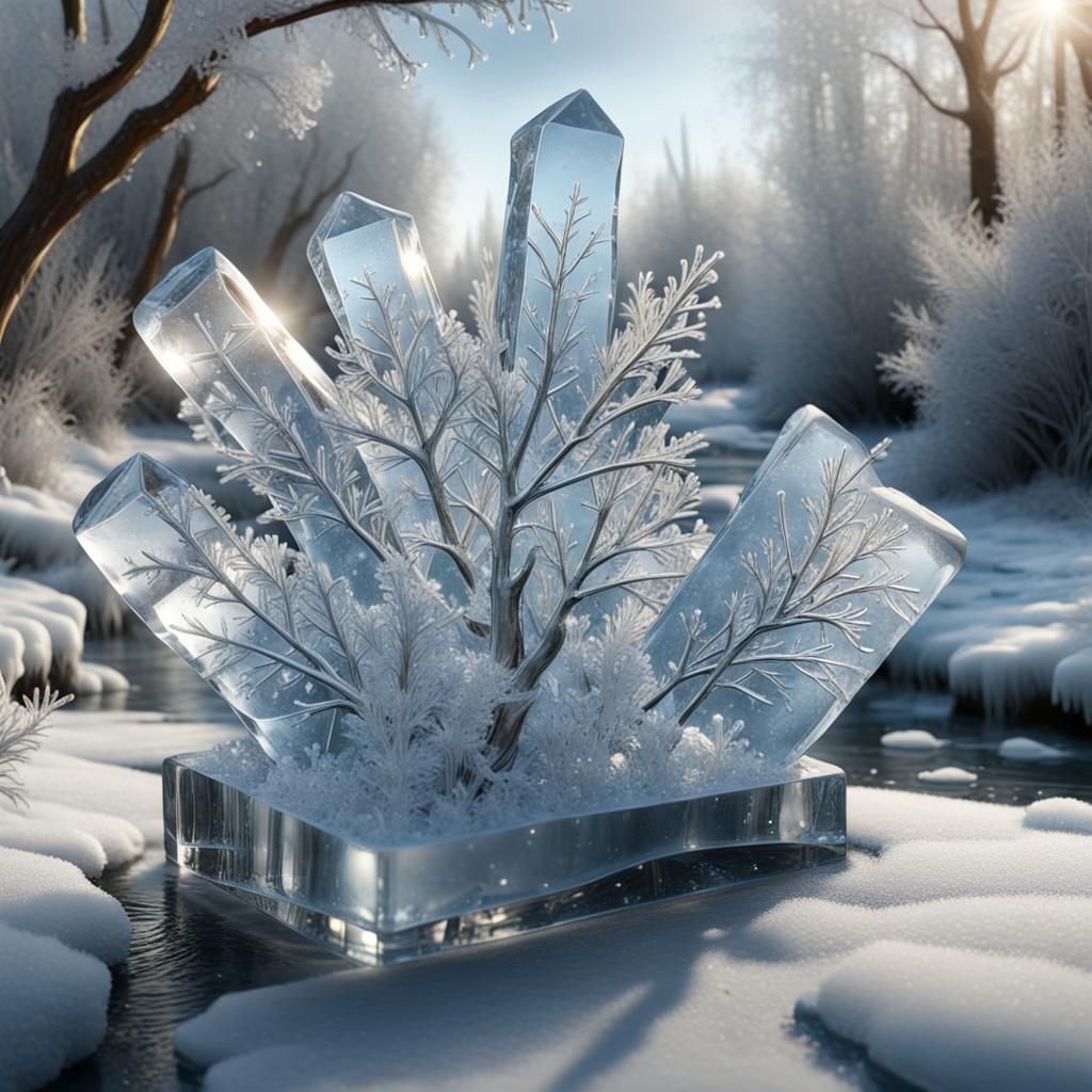 Intricate Ice Sculpture with Icy Flowers in 3D