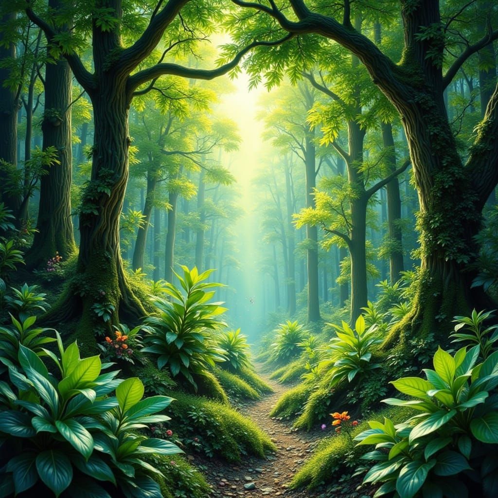 Vibrant Green Forest in Impressionist Style with Dark Glitch...