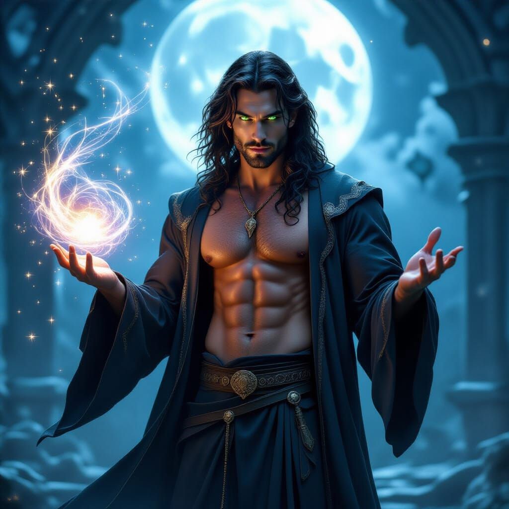 Enchanting Wizard Conjures Magic in Ethereal Moonlight