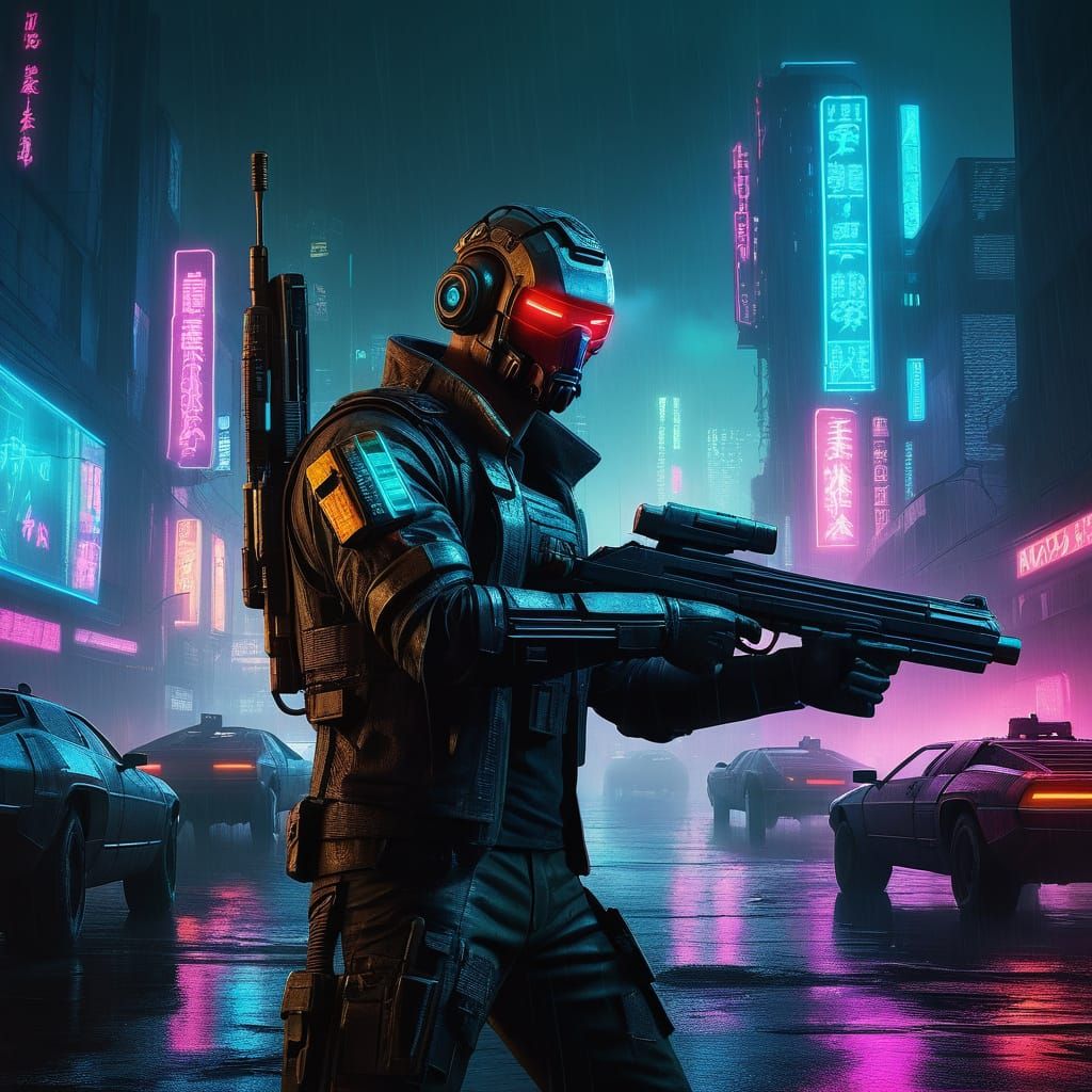 Futuristic Soldier with Jetpack and Laser Gun in Neon City