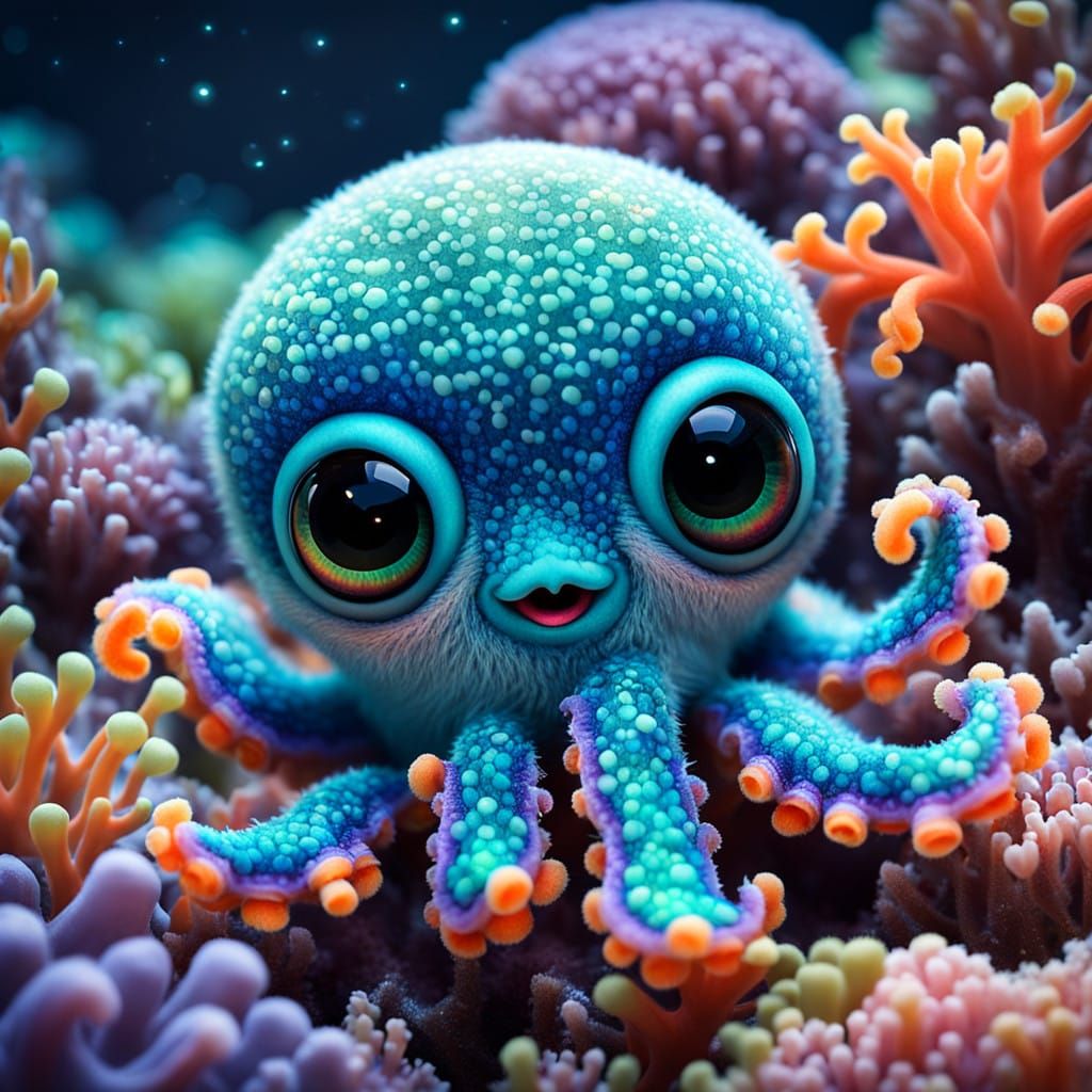 Whimsical Kawaii Octopus Twin Encounter in Vibrant Coral Ree...