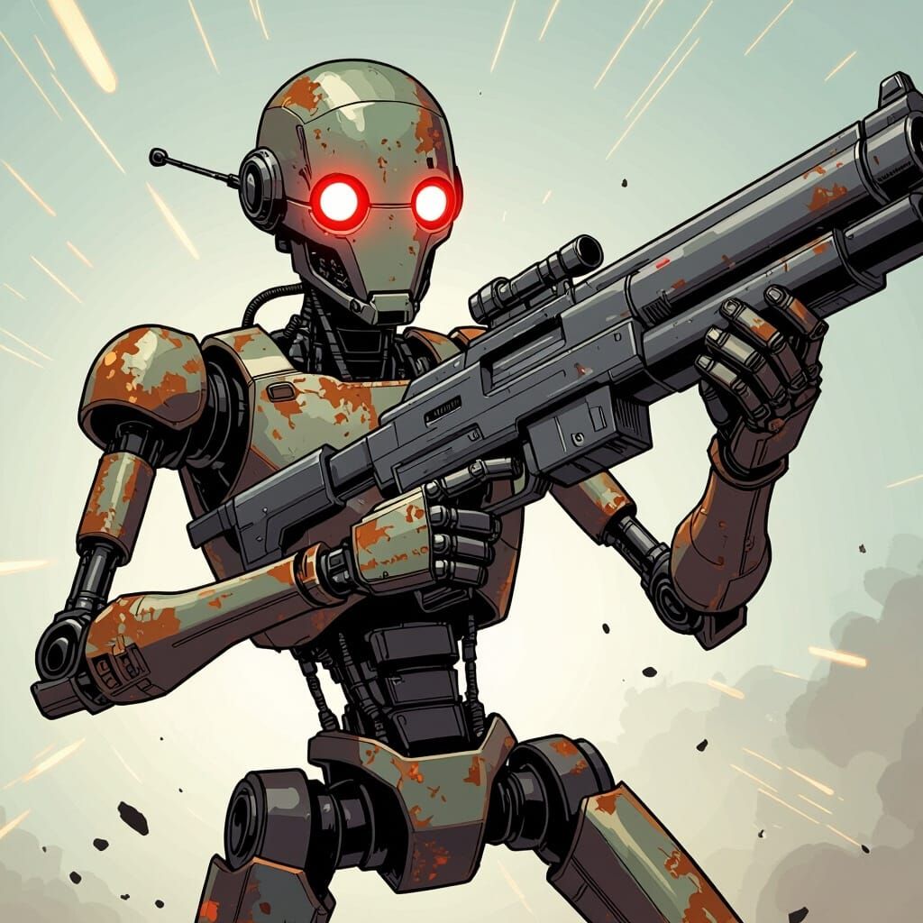Rusty Maintenance Droid with Red Eyes and Gun