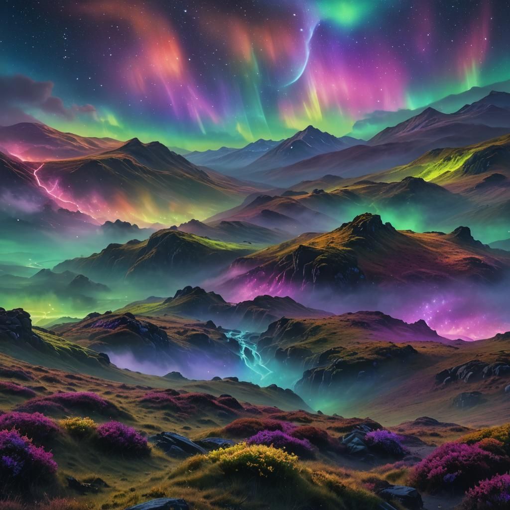 Neon Aurora Over Misty Moorland at Night