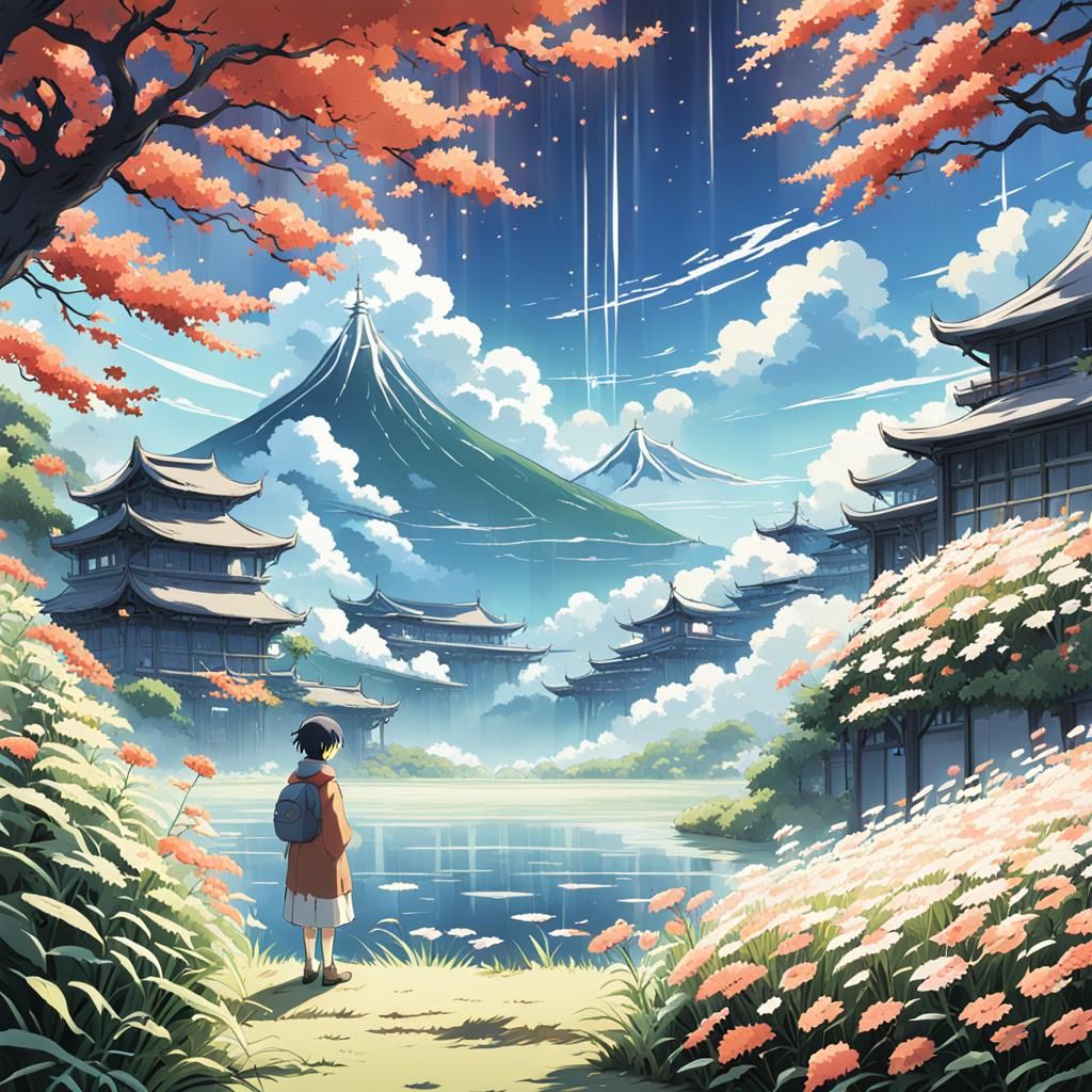 Shikigami Observes Flower in Ghibli Anime Style