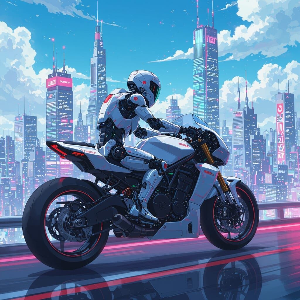 Cyborg Swordsman Rides Through Neo-Futuristic City