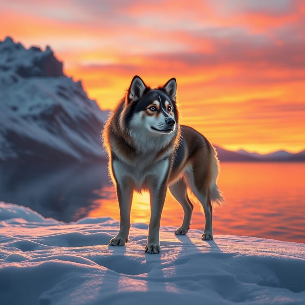 Sunset Reflection: Siberian Dog on Snowy Shoreline