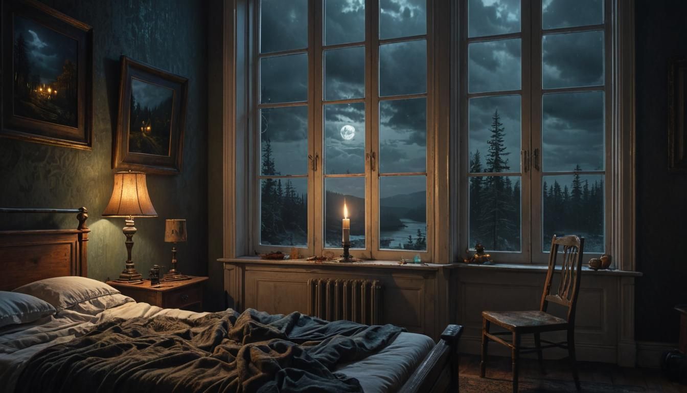 Nightmarish Window View in Dramatic Horror Style