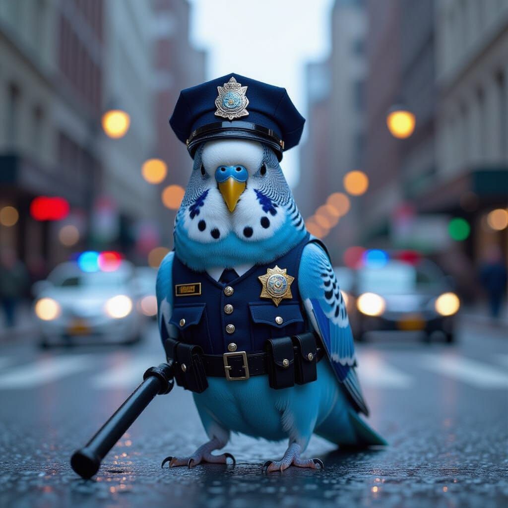 Blue Budgie Police Officer on City Street