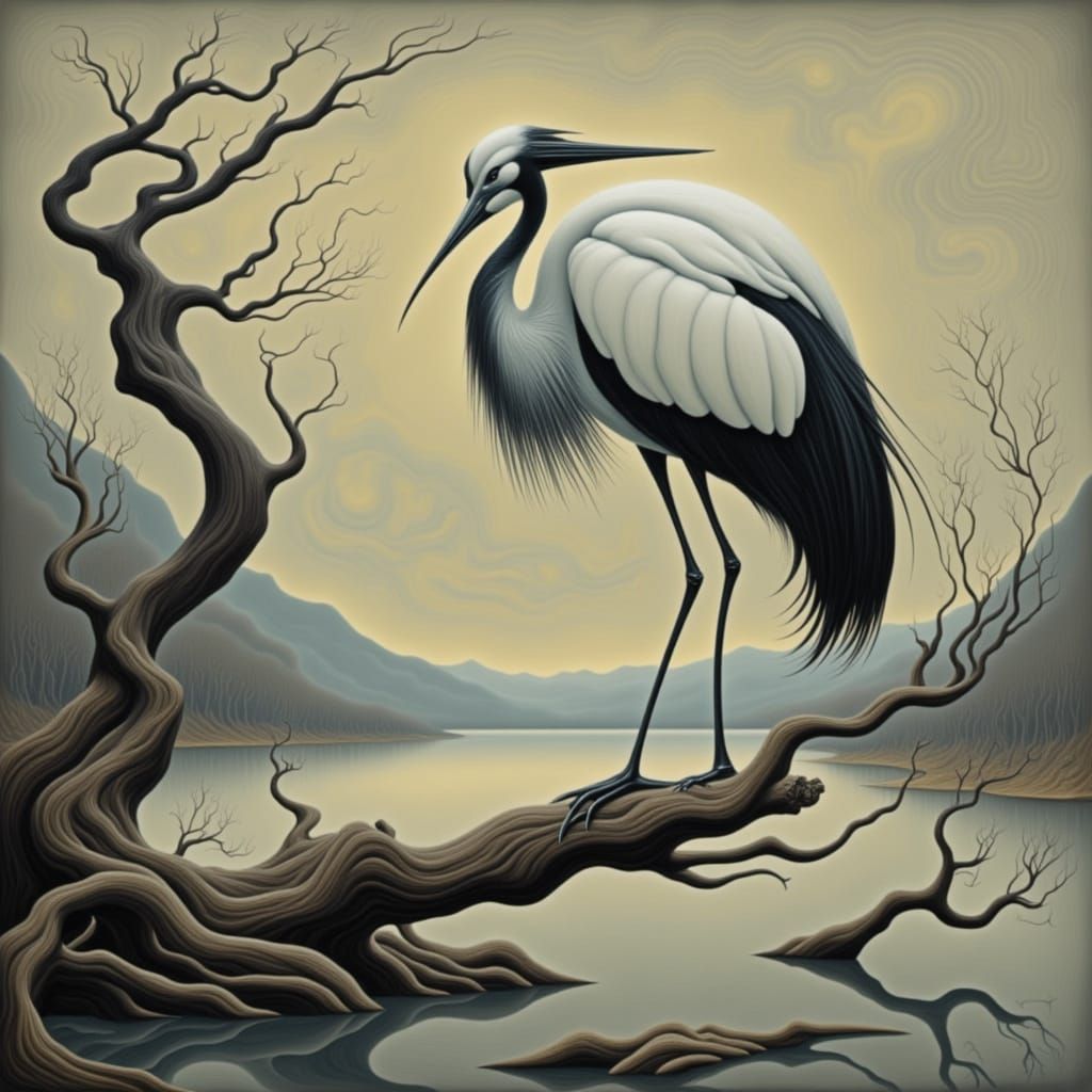 Surreal Crane on Weathered Branch in Muted Grey Tones