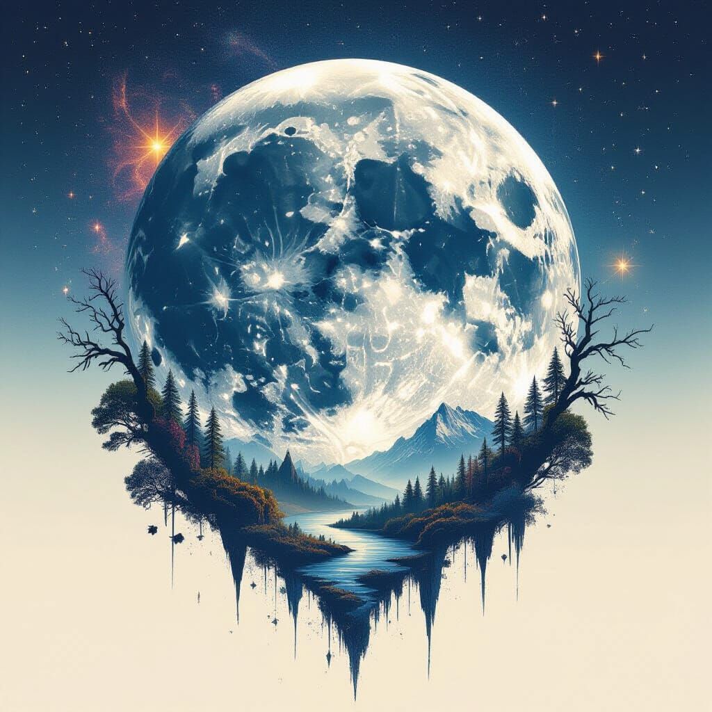 Lunar Silhouette Double Exposure with Galaxy and Nature