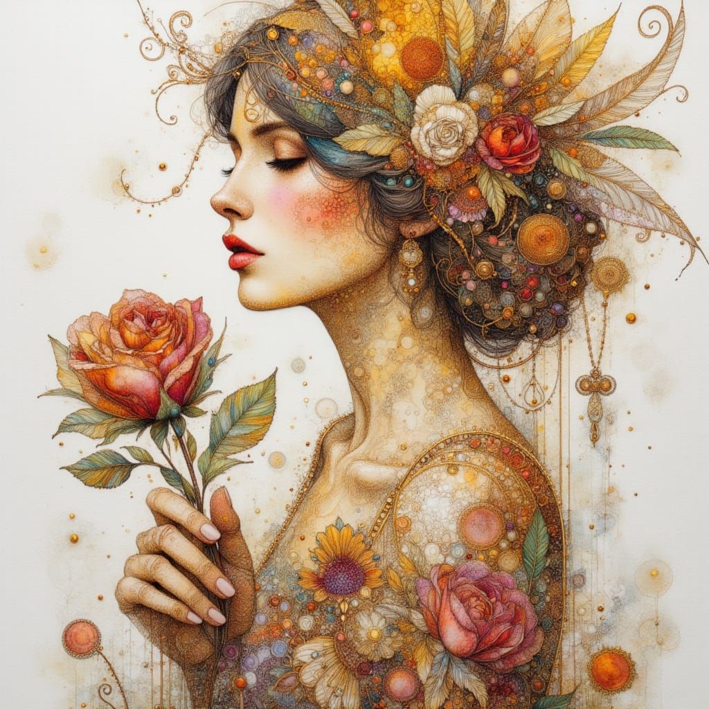 Intricate Belle Holding a Rose in Pen and Ink Style