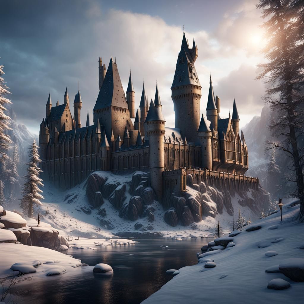 Snowy Hogwarts in Detailed Matte Painting Style