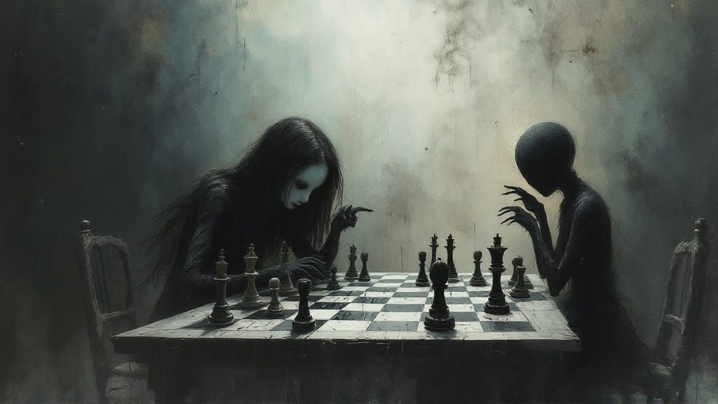 Gothic Emo Girl Plays Macabre Chess in a Surreal Dreamscape