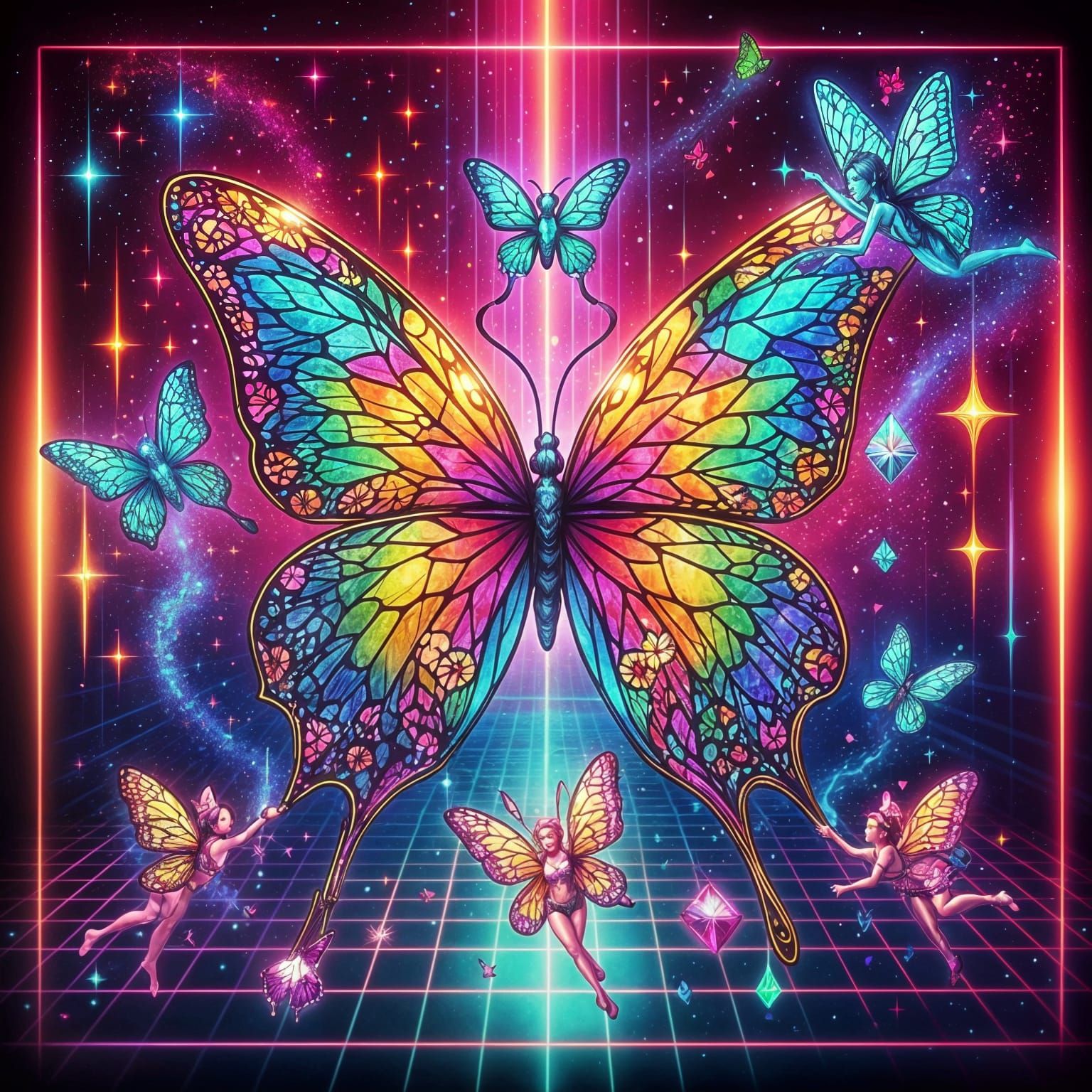 Stained Glass Butterfly with Fairies in Synthwave Dreamscape