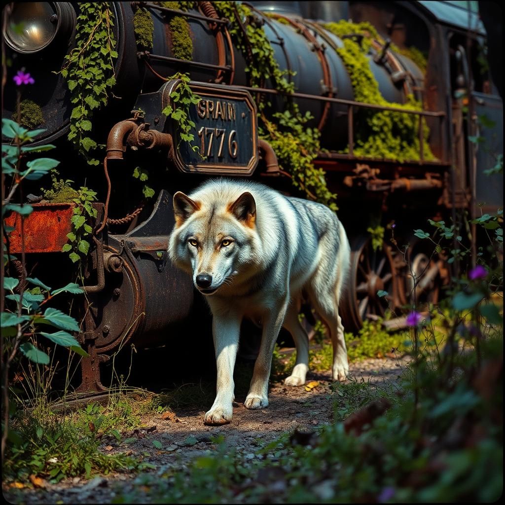 Wolf and Train in Nostalgic Cinematic Style