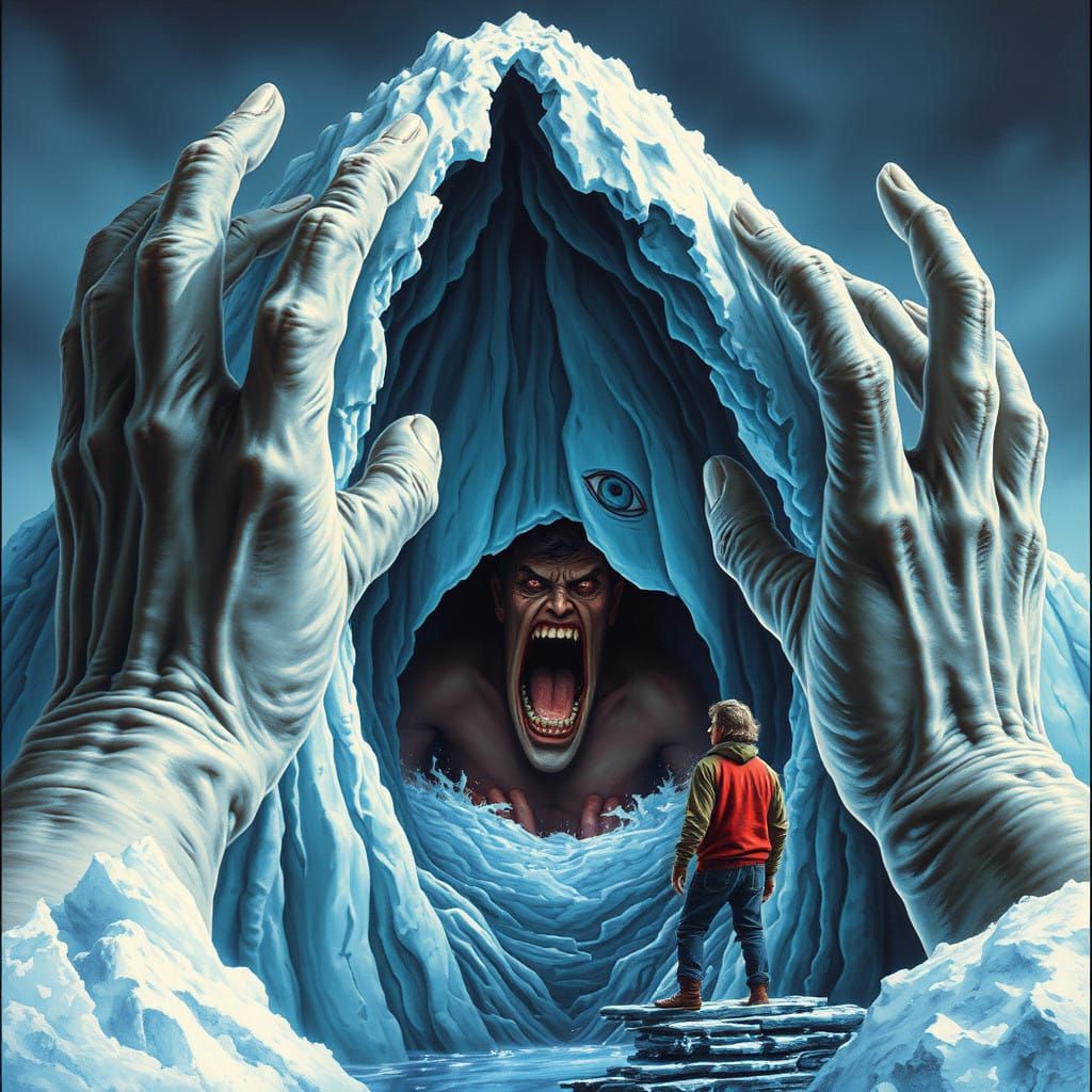 Eldritch Horror Iceberg Glares at Human with Giant Ice Hands