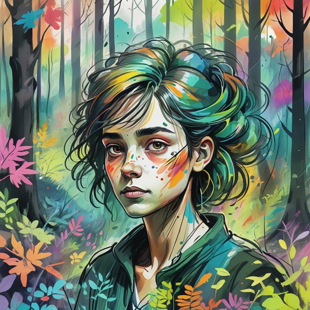 Mystical Forest Portrait in Color Sketch Style