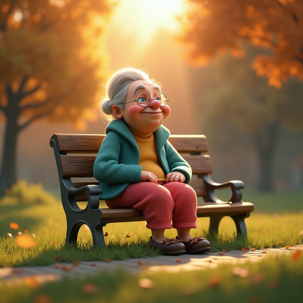 Funny Old Granny on Park Bench: Pixar-Style 3D Art