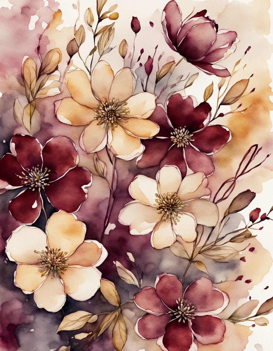 Burgundy Floral Arrangement in Watercolor Style