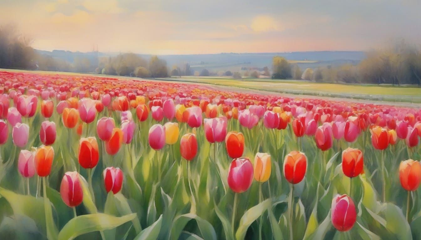Vibrant Spring Tulip Fields in Impressionist Watercolor Styl...