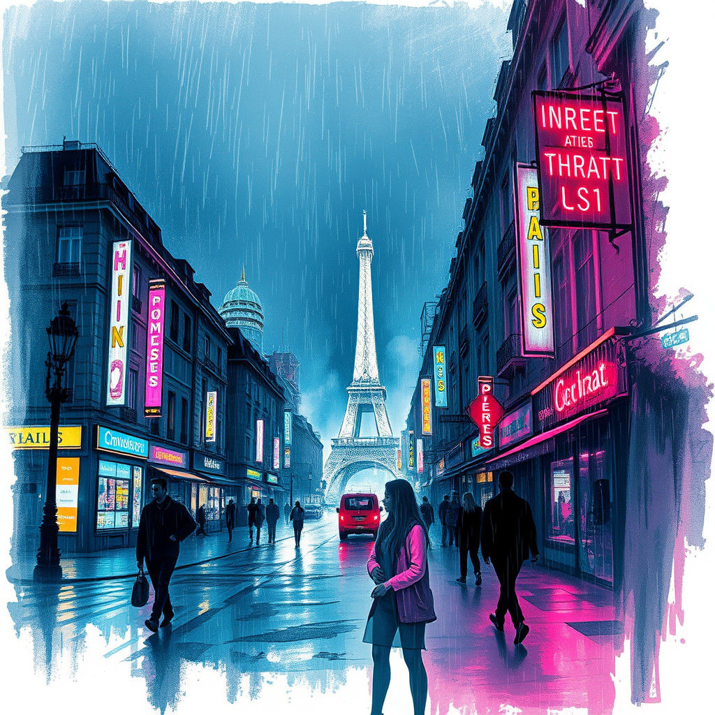 Parisian Sea Siren in Neon Noir Style