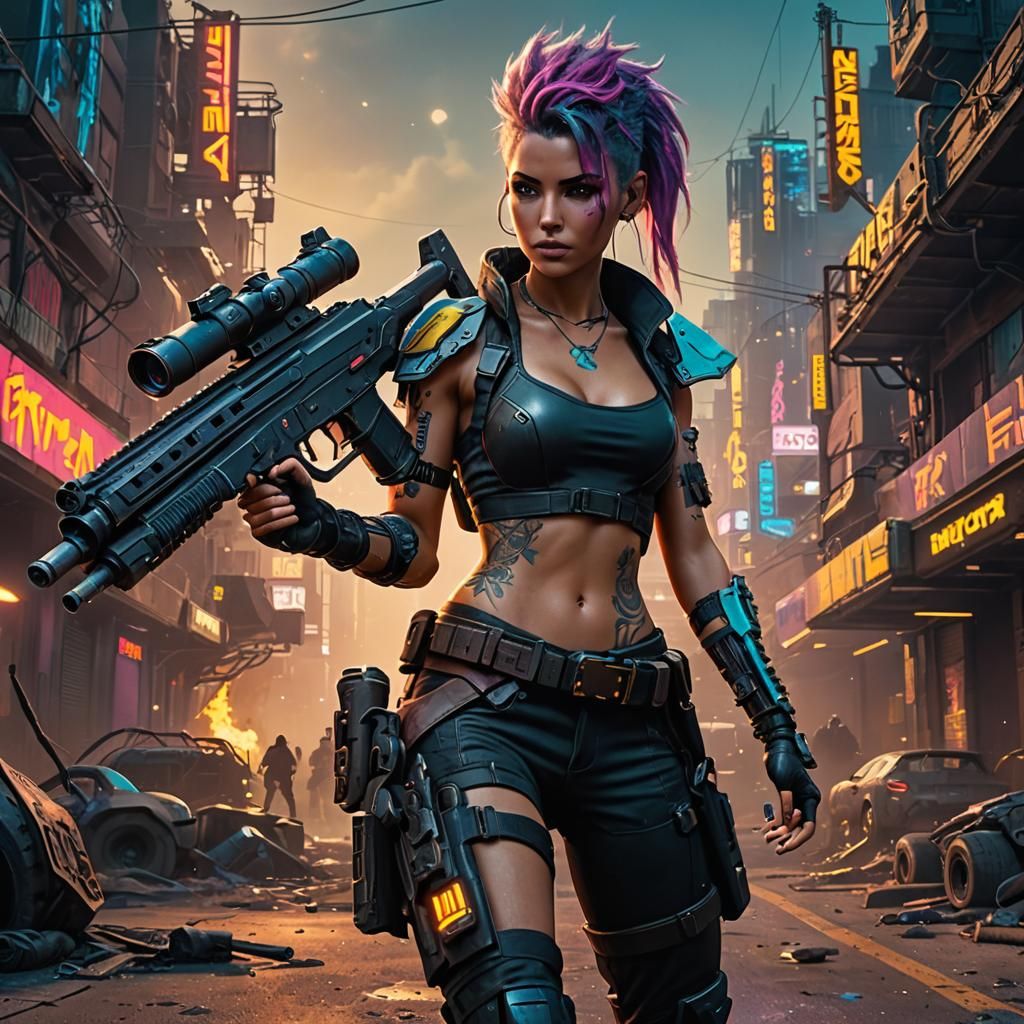 Cyberpunk Bounty Hunter Aims in Neon Cityscape