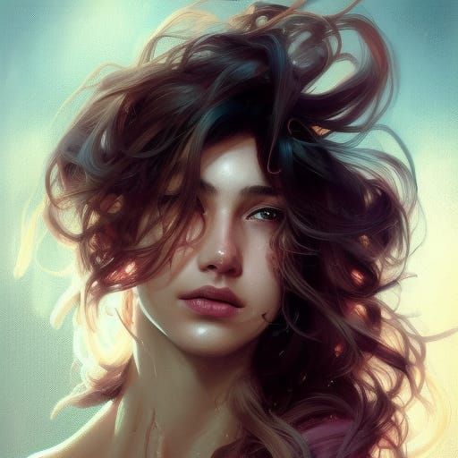 Detailed Portrait of Messy-Haired Woman in Art Nouveau Style